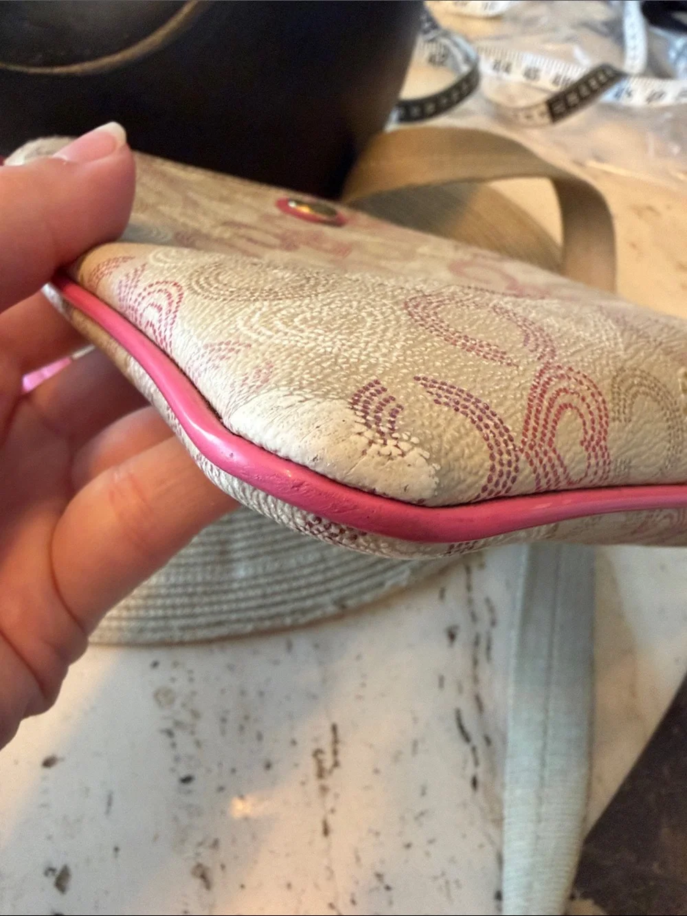 Coach Y2K Waverly Op Art Beige Crossbody with Pink Heart Motif Guitar Strap